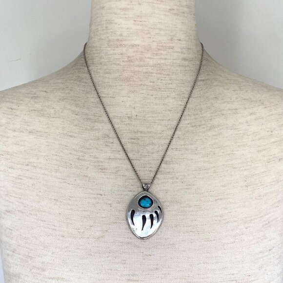 VTG Sterling Silver 925 Southwest Bear Pawn Shadowbox Turquoise Pendant Necklace - Picture 2 of 16